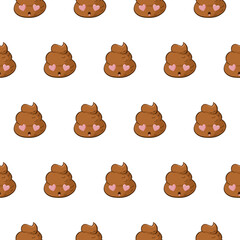 Funny seamless pattern with poop emoji in love for Valentines day joke. Background with kawaii poo with hearts in the eyes.