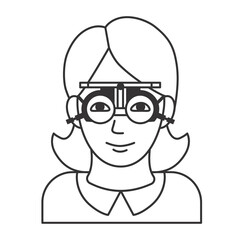 Obraz premium Woman vision checkup in ophthalmological clinic. Optometrist checking adult eyesight with spectacles medical equipment. Glasses lens selection. Outline illustration on white background