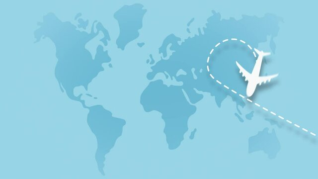 Video animation with white plane flying on the world's map leaving a trail behind. The plane makes a loop on blue background and and flying away from screen.