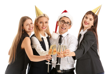 Young people with glasses of champagne on white background. Happy Near Year and Merry Christmas celebration