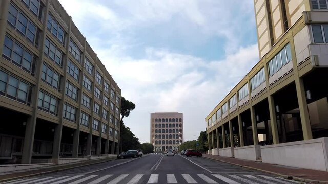View of a famous building called Palazzo della Civilt&agrave; Italiana and nicknamed the square colosseum. This landmark is located in the district of EUR in Rome, Italy.