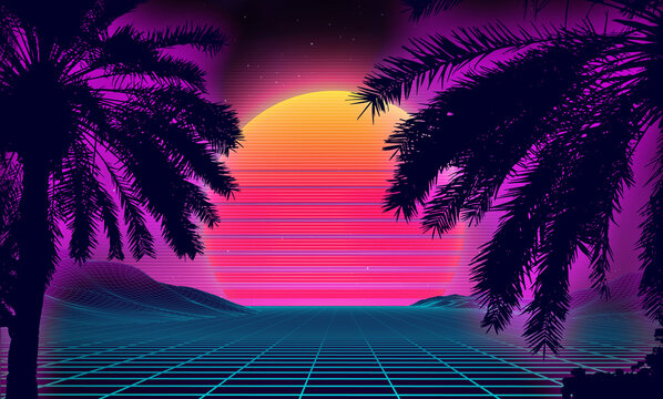 3d sunset on the beach. Retro palms vector sci fi background. Digital  landscape cyber surface. 80s party background. Stock Vector | Adobe Stock