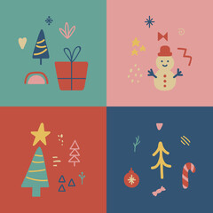 Social media cover Christmas design. Winter Holiday poster set. Unique hand drawn minimal xmas collection. Party decoration. Highlight decoration. Organic shape for greeting cards. Vector illustration