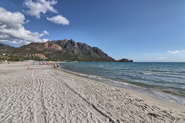 Panoramic view of Foxi Manna beach in Tertenia. Sardinia, Italy