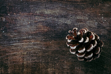 Fond en bois vieilli avec une pomme de pin dans un angle - Arrière plan ambiance saison d'hiver...