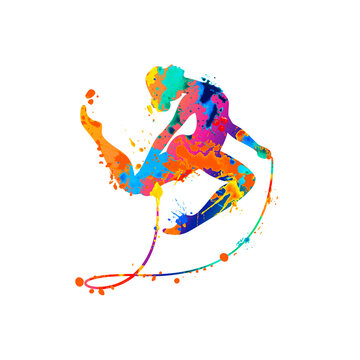 Rhythmic gymnastics girl with skipping rope. Vector dancer silhouette of splash paint