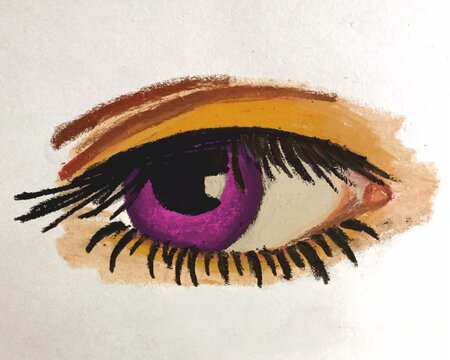 female eye illustration. oil pastel texture. fashion illustration. lush eyelashes. Lettering when I close my eyes I see you. Valentine&rsquo;s Day postcard. Hand drawn. purple lenses