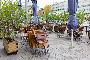 Munich, Bavaria / Germany - Oct 30, 2020: Empty beergarden in the city center of Munich. Shortly before the start of the November lockdown (Covid-19 / Coronavirus).