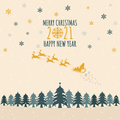 Marry Christmas and Happy new year 2021. Silhouette of santa claus with sled and reindeers on the sky coming landscape forest Christmas tree and golden star in winter snow. Christmas greeting card