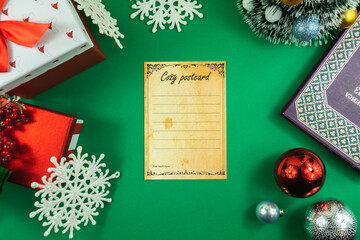 Christmas greeting card, copy space, new year decorations on a green background