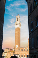 Fototapeta premium Old houses in historic centre in Siena. The Duomo Santa Maria Assunta (Cathedral of Siena) is located on the highest point of the city hill, Tuscany, Italy.