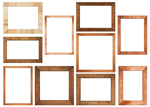 Collection of brown wood frame or photo frame isolated on white background. Object with clipping path