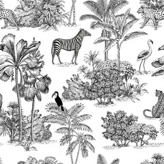 Toile tropical animals, palms tree, vintage graphic seamless pattern. Zebra, leopard, flamingo, toucan botanical jungle. 