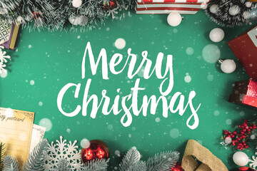 Christmas background with a beautiful inscription and snow on the background, decorations, template for the site
