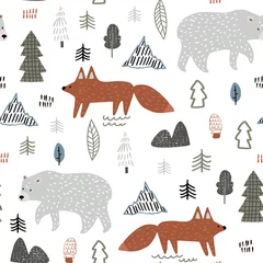 Fototapete Fuchs Nahtloses kindisches Waldmuster mit Bären und Fuchs. Perfekt für Stoff, Textil. Kreativer Vektorhintergrund