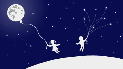 children fly in space, the girl has the moon on the rope like a balloon