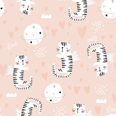 Childish seamless pattern with cute flying tigers. Modern kids texture with hearts, planets, moon, stars. Perfect for kids products, textile, apparel.