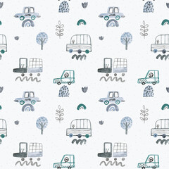 Childish seamless pattern with cute cars. Perfect for kids fabric, textile, nursery wallpaper. Watercolor illustration. Blue background. © bukhavets