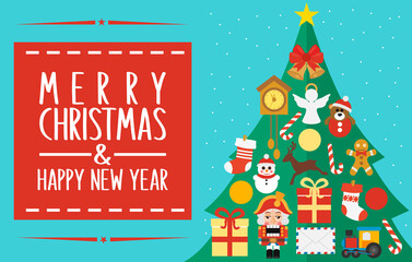 Merry Christmas and Happy New Year greatings concept modern design flat with Christmas tree. Vector illustration