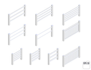 Isometric white fence sections. Fencing constructor.