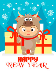 Happy New Year poster, banner with child in costume bull. Vector illustration