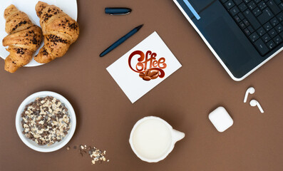 Business breakfast in office with coffee and croissant on white table background top view mock-up