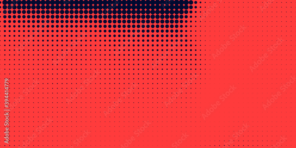 Poster Halftone in abstract style. Geometric retro banner vector texture. Modern print. Dark blue and red background. Light effect