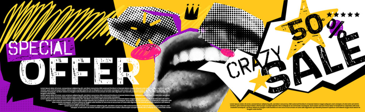 Discounts vector collage grunge banner. Lips and eyes in parted, above them a crown. Crazy 50 percent off. Doodle elements on a retro poster. Stylish modern advertising poster design.