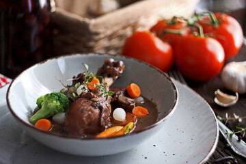 Traditional French cuisine - Coq Au Vin, chicken in wine