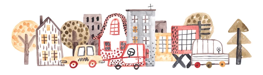 Cercles muraux Chambre de bébé Joli paysage avec des bâtiments anciens et modernes, des voitures et des arbres. Illustration aquarelle de dessin animé. Ville enfantine.