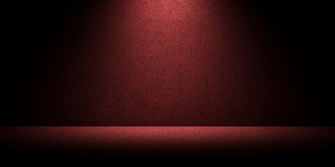 Empty burgundy plastered wall lit by dim ceiling lights, studio room to display your products....
