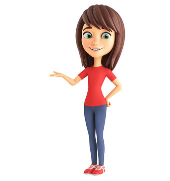 Cartoon character of a young girl in summer clothes points to an empty space on a white background. 3d render illustration for presentation.