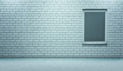 White brick wall with a plastic window. Studio room. Background to showcase your product. Background from marble floor and empty wall.