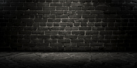 Empty dark brick wall, studio room, for displaying your products. Texture of marble floor and brick wall.