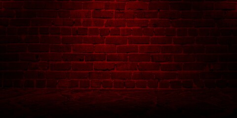 Empty dark brick wall with disturbing red lighting, studio room, for displaying your products. Texture of marble floor and brick wall.