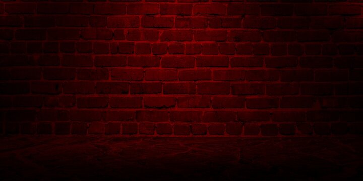Fototapeta Empty dark brick wall with disturbing red lighting, studio room, for displaying your products. Texture of marble floor and brick wall.