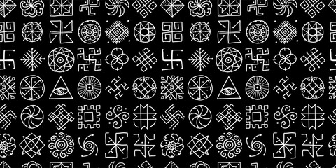 Sacred geometry background, seamless pattern. Alchemy, religion, philosophy, spirituality. Hand drawn sketch for your design