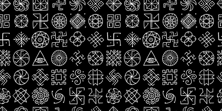 Sacred geometry background, seamless pattern. Alchemy, religion, philosophy, spirituality. Hand drawn sketch for your design