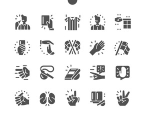 Referee stuff. Whistles and a silver bell. Referee of the game, championship, competition. Flags, disciplinary card. Hands. Vector Solid Icons. Simple Pictogram