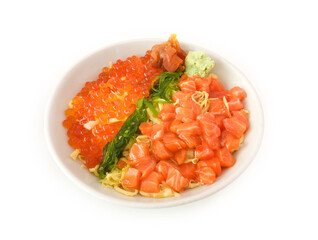 Top view of Japanese food bowl of sliced raw fresh salmon, seaweed salad, sweet egg, salmon roe, rice with pickled ginger and wasabi topped isolated white background. Clipping path.