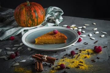 pumpkin pie, pumpkin, cinnamon and cranberries on a stone table