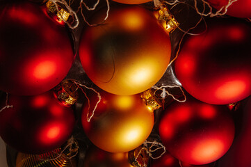 Decorated Christmas tree balls, sparkling and fairy background.
