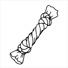 beautiful toy for a dog or cat. piece of twisted rope of two colors. Accessories for pets. An element from a set of doodles drawn by hand. drawn by lines. Isolated illustration on a white background.