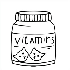 vitamins for animals. Accessories for pets. An element from a set of doodles drawn by hand. Isolated illustration on a white background.