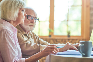 Elderly family sitting at the kitchen while looking at computer screen