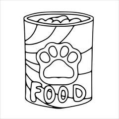 Food for dogs or cats. Tin can with a pattern in the shape of an animal's paw. Accessories for pets. An element from a set of doodles drawn by hand. Isolated illustration on a white background.