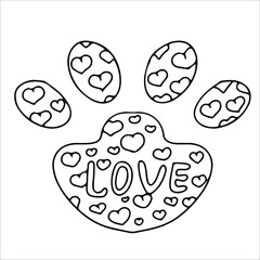 A cat or dog paw print filled with patterns. Animal footprint. Accessories for pets. An element from a set of doodles drawn by hand. Isolated illustration on a white background.
