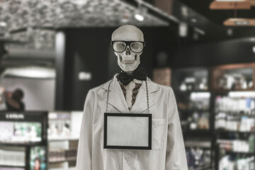The skeleton dressed in a white patient gown in a shop.