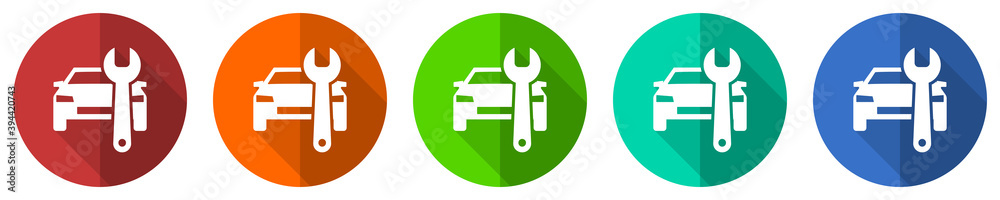 Poster auto service vector icon set, red, blue, green and orange flat design web buttons isolated on white,