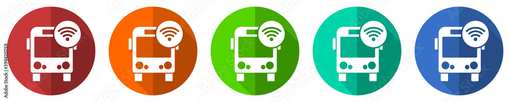 Poster bus with wifi vector icon set, red, blue, green and orange flat design web buttons isolated on white